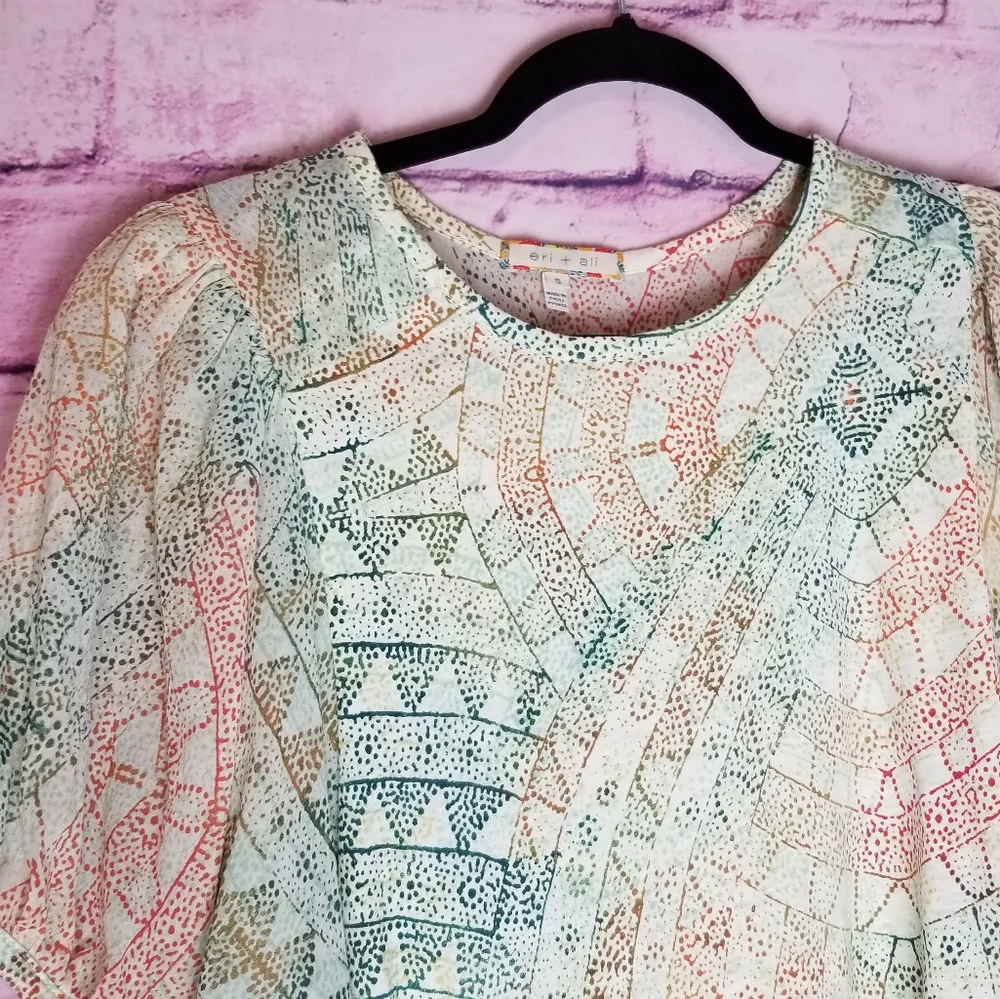 ANTHROPOLOGIE ERI + ALI ABSTRACT DOT PRINT BALLOON BAT WING PUFF SLEEVE BLOUSE S